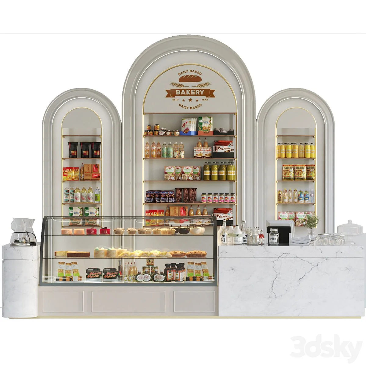 Design project of a coffee house in a classic style with a showcase with desserts and sweets